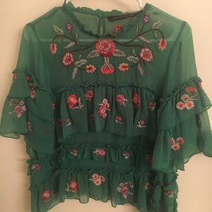 Zara green blouse with floral embroidery, size M